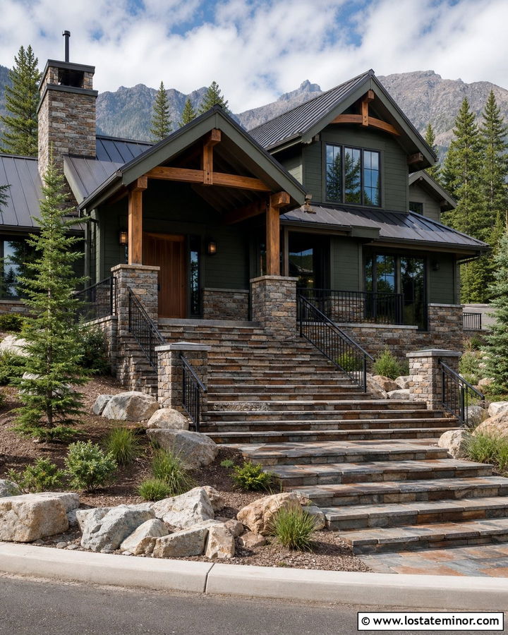Forest Green Mountain House With Stacked Stone Steps - 30 Forest Green House Design With Steps Ideas