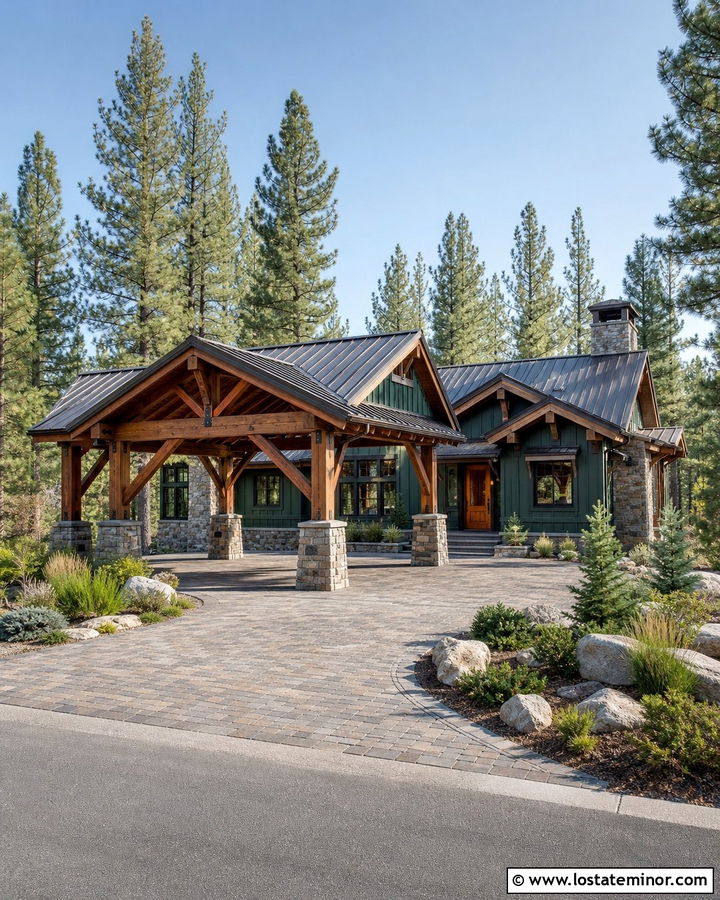 Forest Green Mountain House With Stone Carport - 30 Forest Green House Design With Carport Ideas
