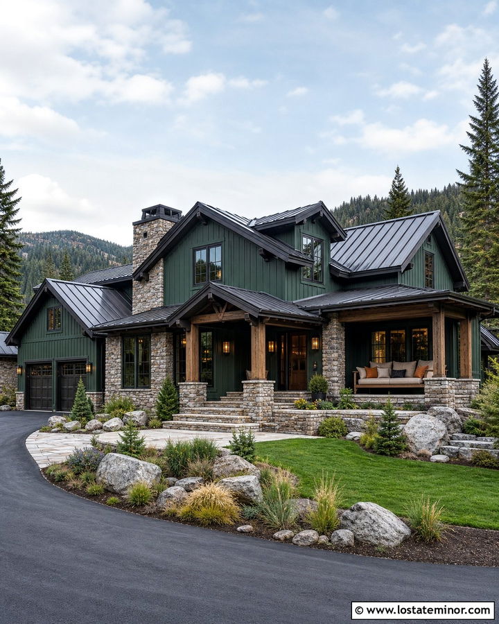 Forest Green Mountain House With Stone Porch Daybed - 30 Forest Green House Design With Daybed Ideas