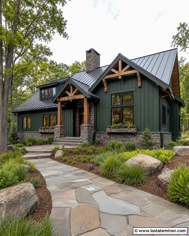 Forest Green Mountain House With Stone Window Boxes - 30 Forest Green House Design With Window Boxes Ideas