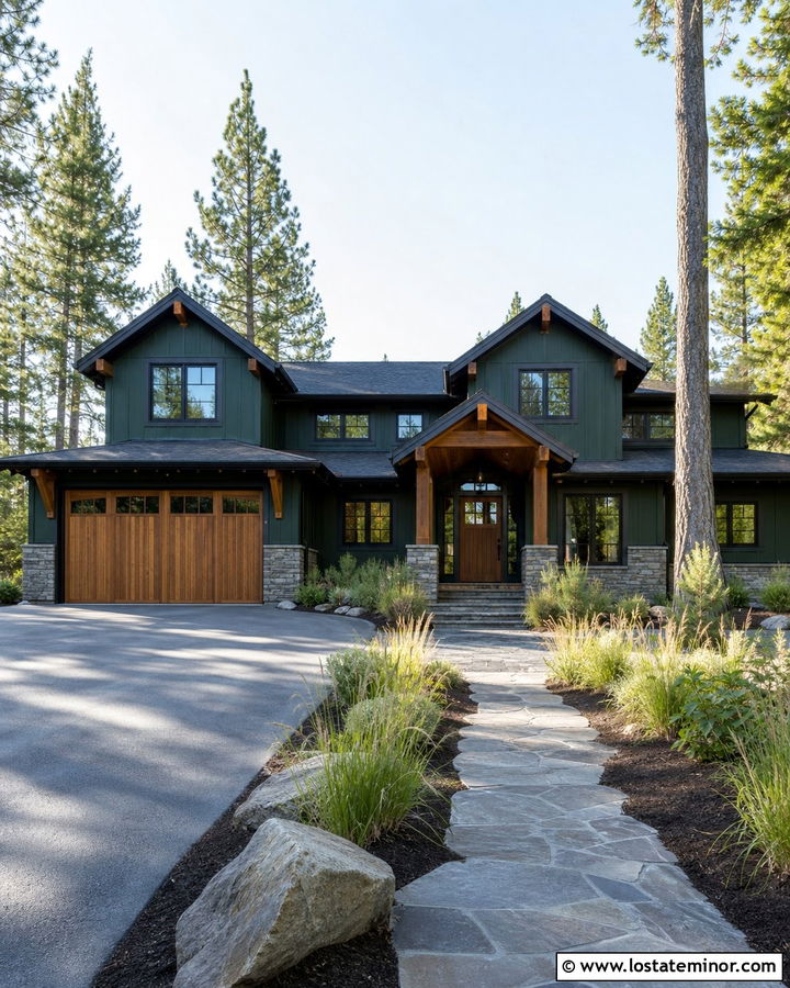 Forest Green Mountain House With Wood Garage Door - 30 Forest Green House Design With Garage Door Ideas