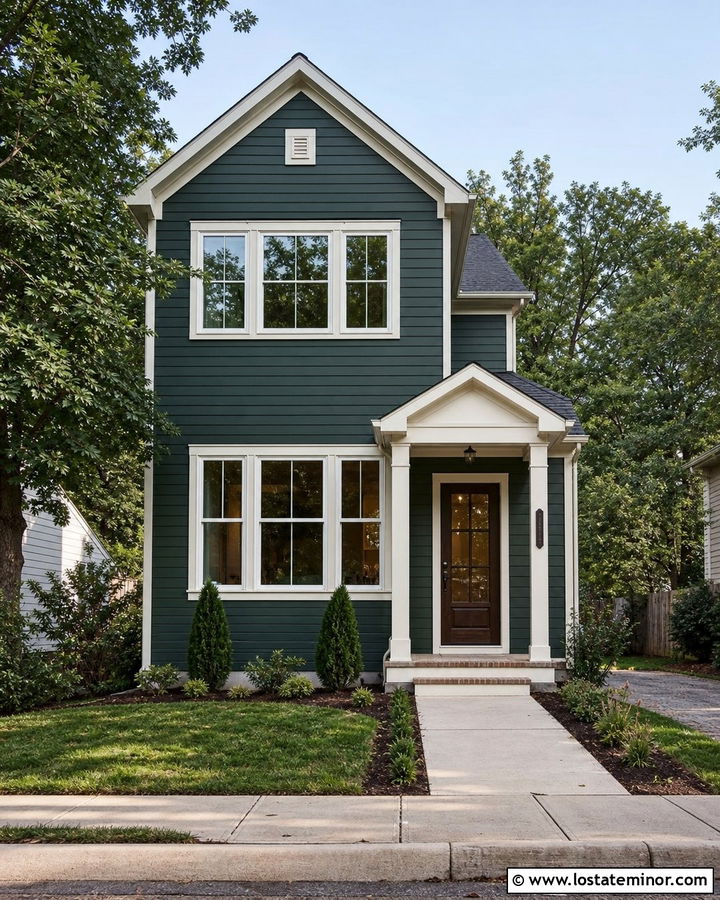Forest Green Narrow House With Compact Portico - 30 Forest Green House Design With Portico Ideas