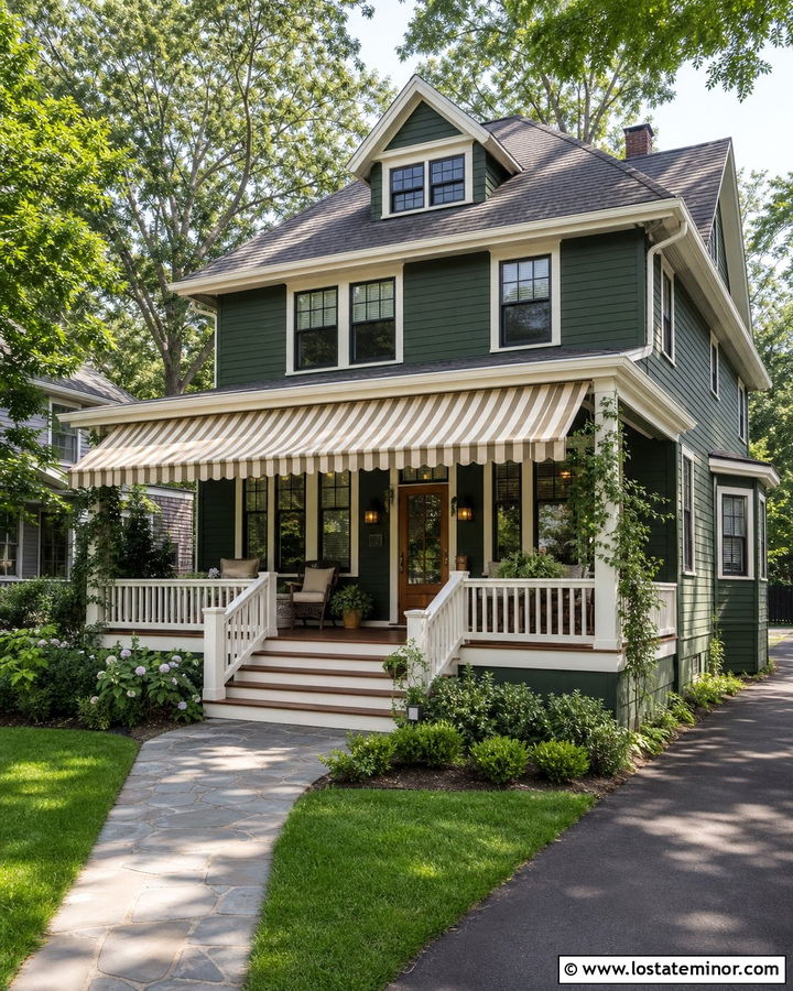 Forest Green Porch House With Striped Awning - 30 Forest Green House Design With Awning Ideas