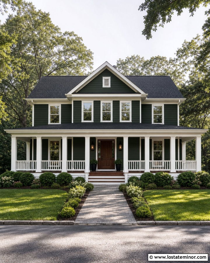 Forest Green Porch With Double Columns - 30 Forest Green House Design With Porch Columns Ideas