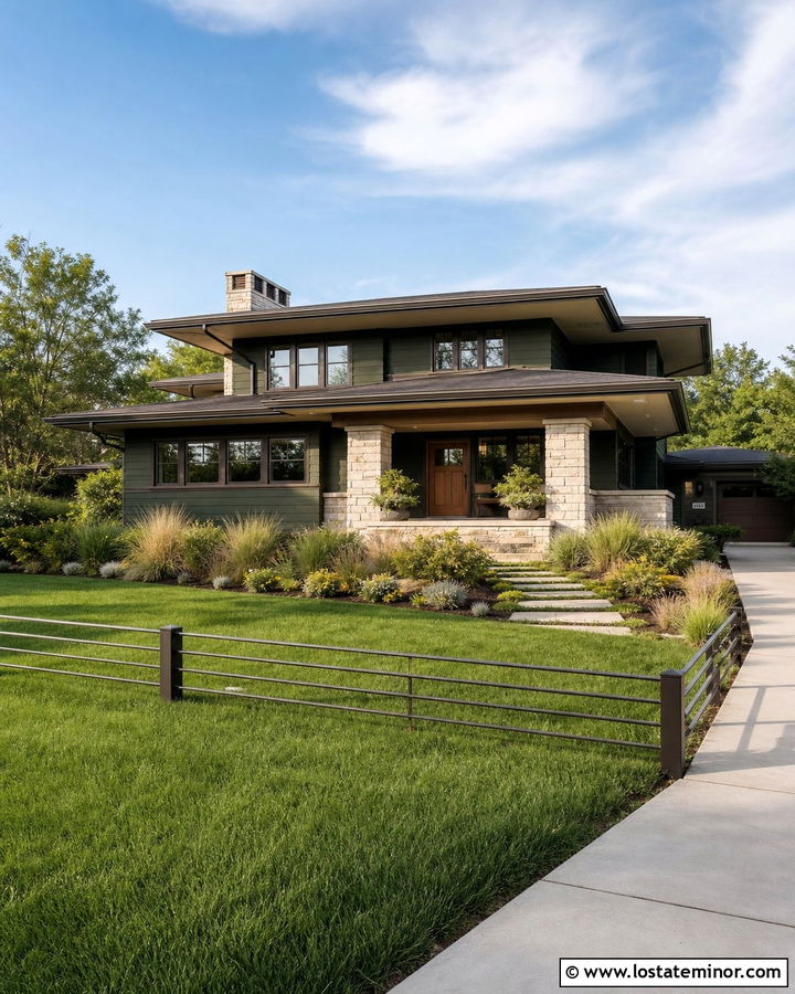 Forest Green Prairie House With Bronze Metal Fence - 30 Forest Green House Design With Fence Ideas
