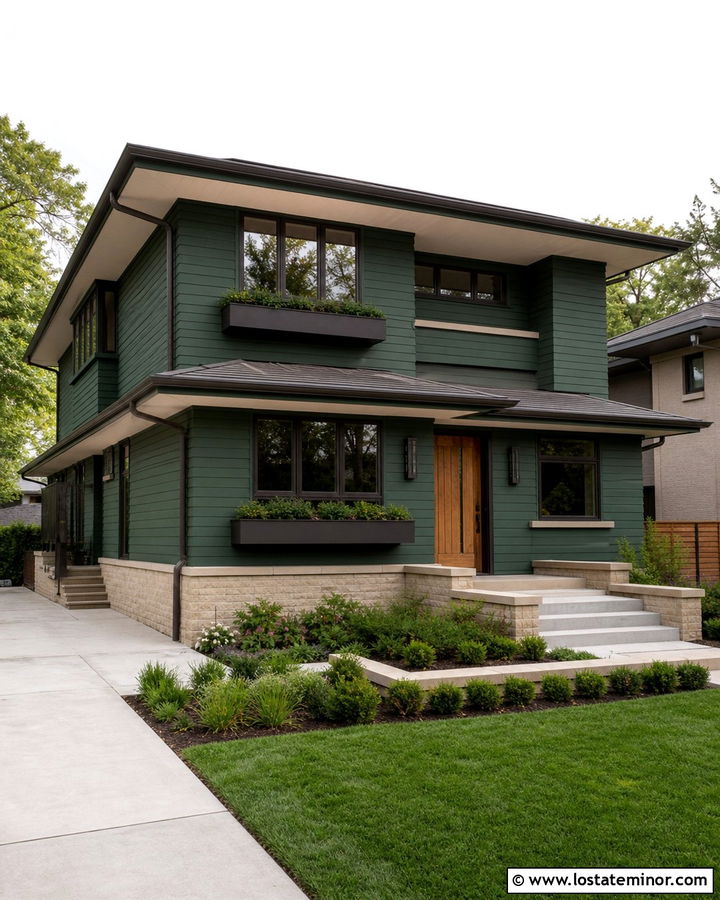 Forest Green Prairie House With Bronze Window Boxes - 30 Forest Green House Design With Window Boxes Ideas