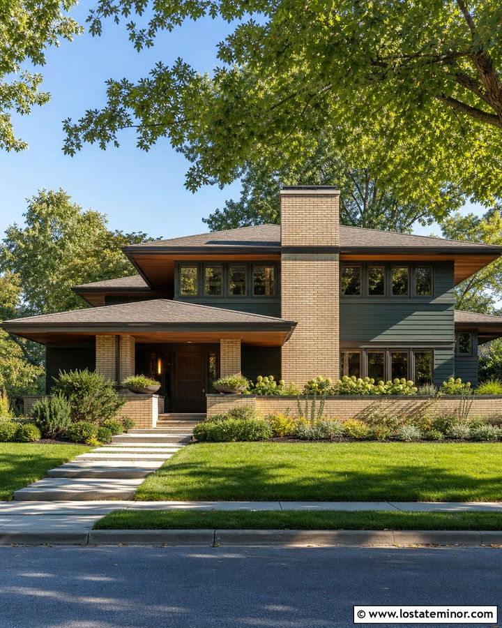 Forest Green Prairie House With Buff Brick Chimney - 30 Forest Green House Design With Chimney Ideas