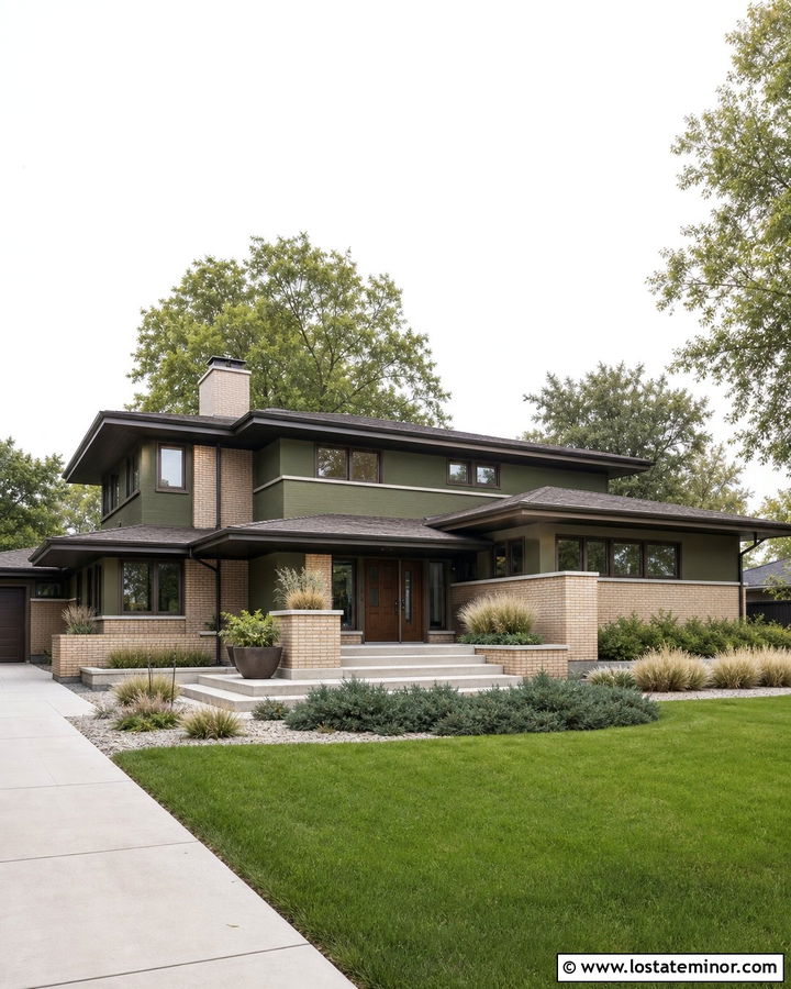 Forest Green Prairie House With Buff Brick - 30 Forest Green House Design With Brick Accents Ideas