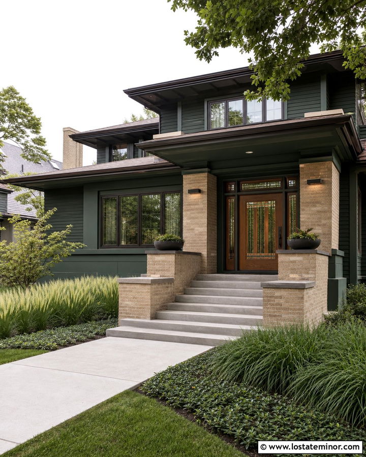 Forest Green Prairie House With Horizontal Lights - 30 Forest Green House Design With Light Fixtures Ideas