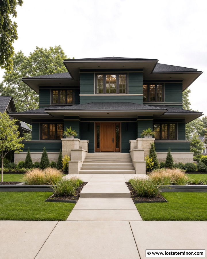 Forest Green Prairie House With Light Gray Porch Ceiling - 30 Forest Green House Design With Porch Ceiling Ideas