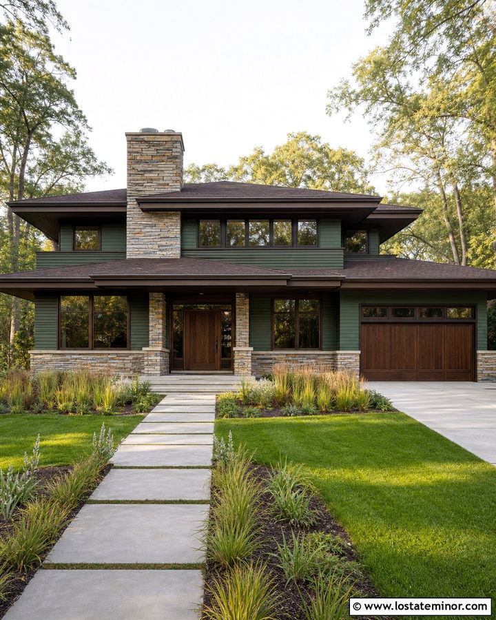 Forest Green Prairie House With Linear Stone - 30 Forest Green House Design With Stone Accents Ideas