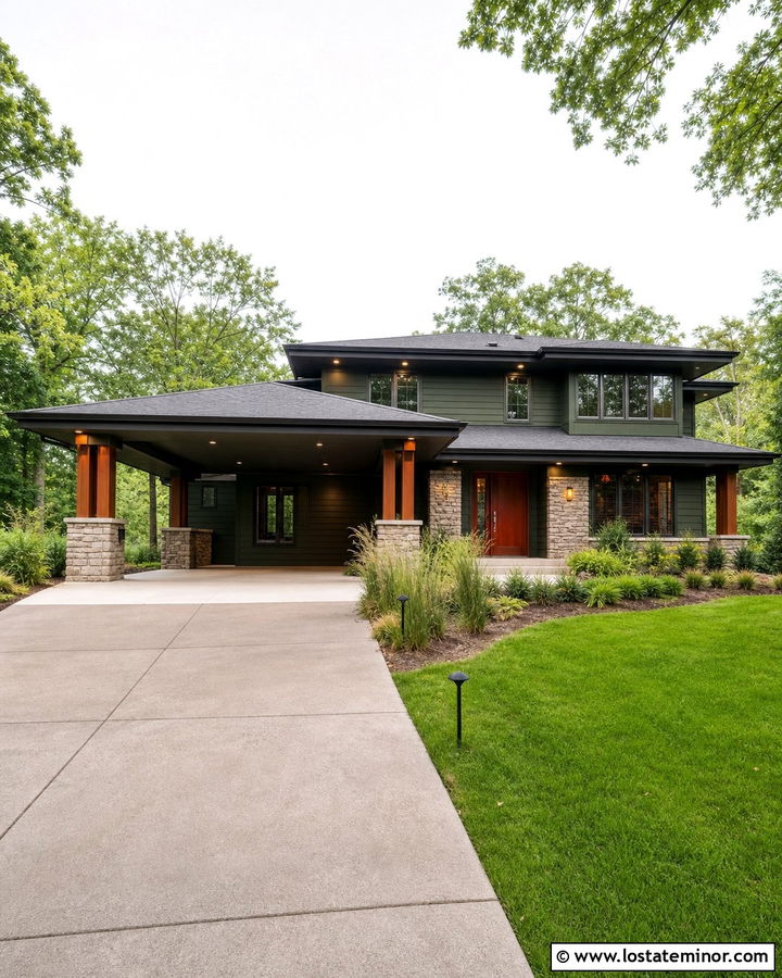 Forest Green Prairie House With Low Carport - 30 Forest Green House Design With Carport Ideas