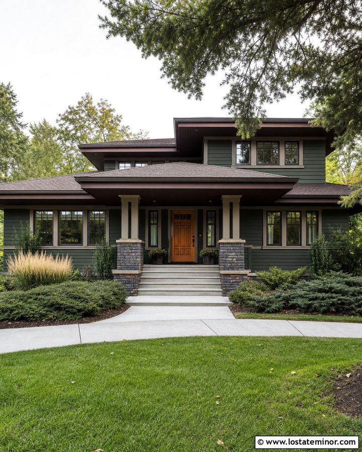 Forest Green Prairie House With Low Hip Portico - 30 Forest Green House Design With Portico Ideas