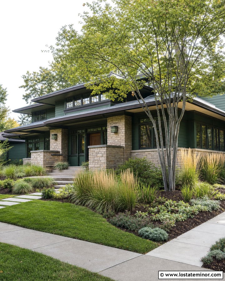 Forest Green Prairie House With Ornamental Grasses - 30 Forest Green House Design With Front Yard Ideas