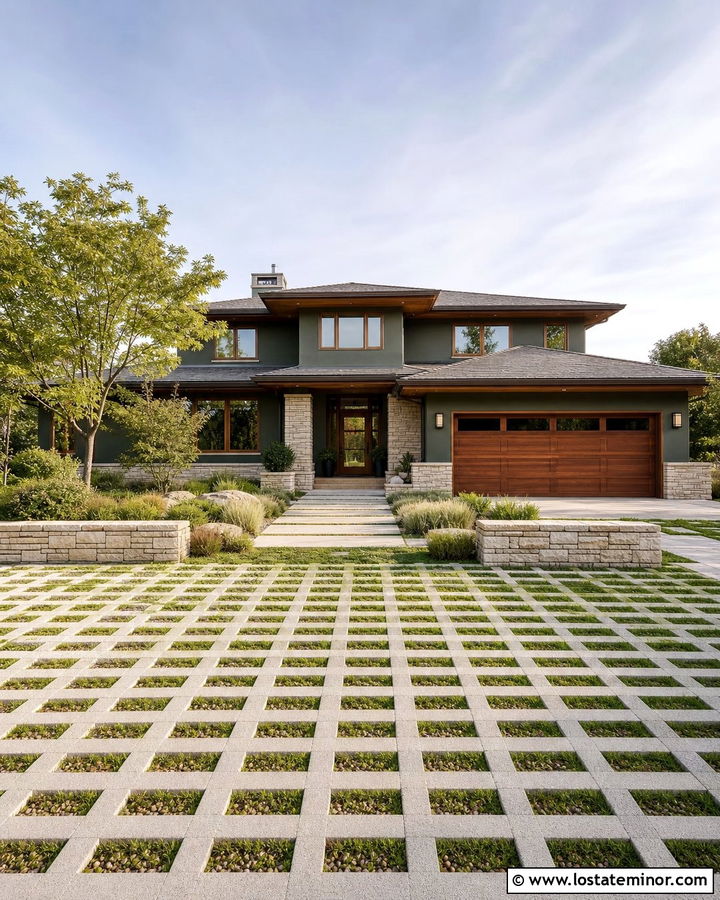 Forest Green Prairie House With Permeable Grid Driveway - 30 Forest Green House Design With Driveway Ideas