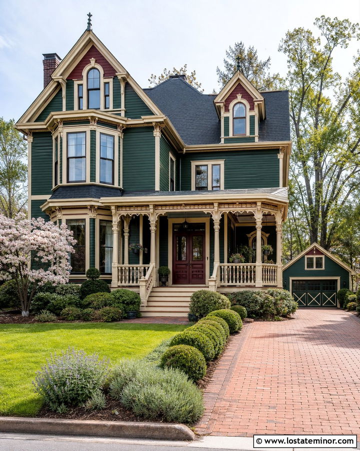 Forest Green Queen Anne House With Red Brick Driveway - 30 Forest Green House Design With Driveway Ideas
