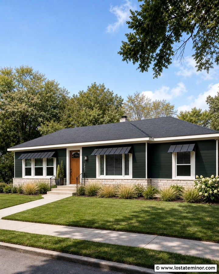 Forest Green Ranch House With Black Metal Awnings - 30 Forest Green House Design With Awning Ideas