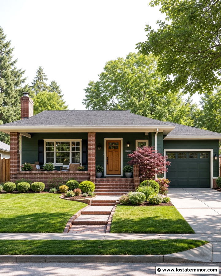 Forest Green Ranch House With Brick Porch - 30 Forest Green House Design With Brick Accents Ideas
