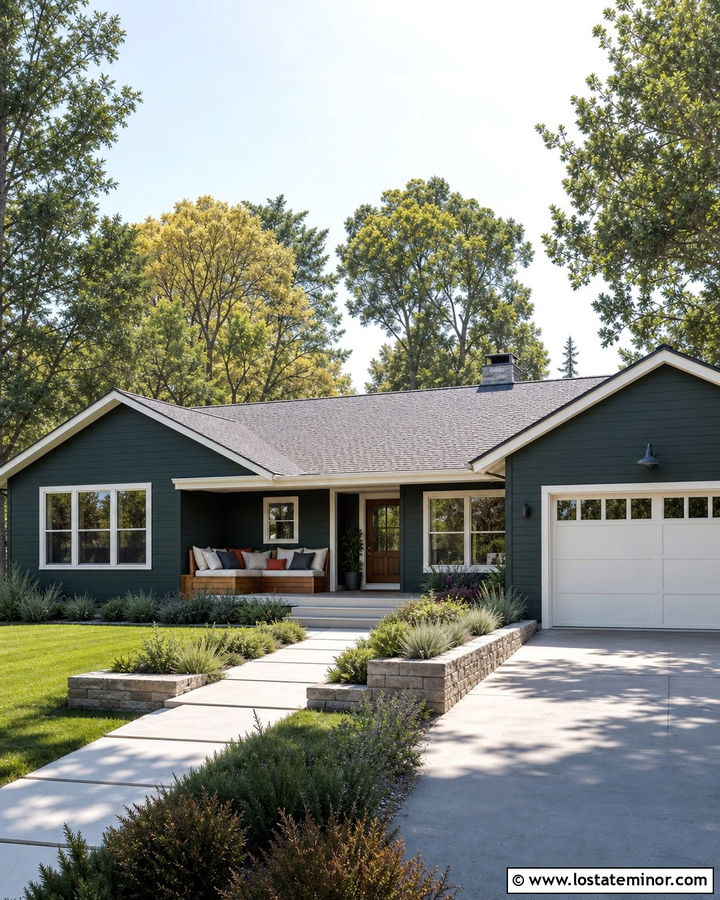 Forest Green Ranch House With Corner Porch Daybed - 30 Forest Green House Design With Daybed Ideas