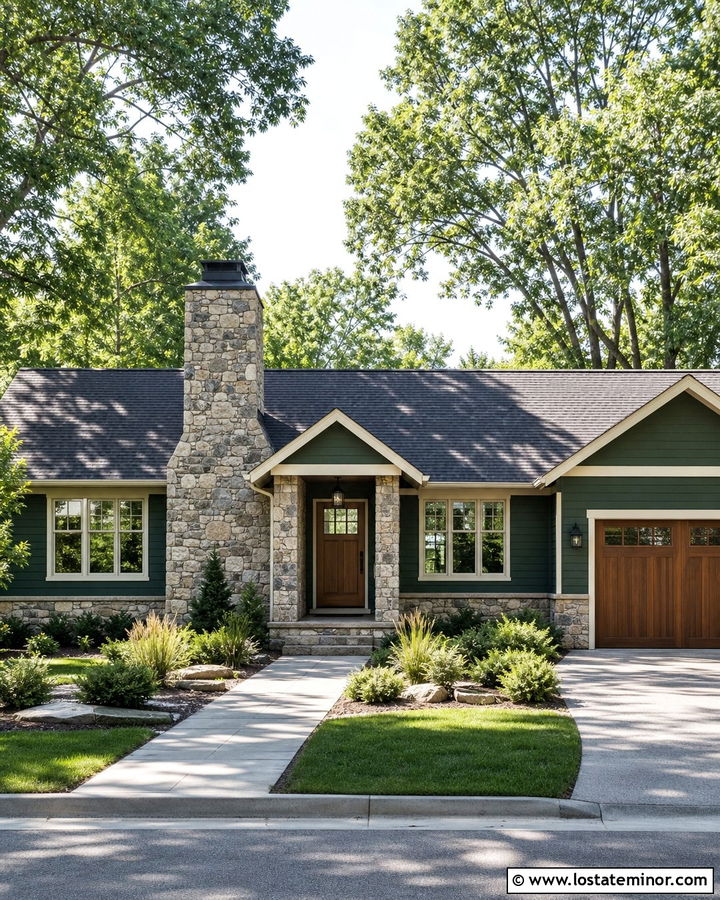 Forest Green Ranch House With Fieldstone - 30 Forest Green House Design With Stone Accents Ideas