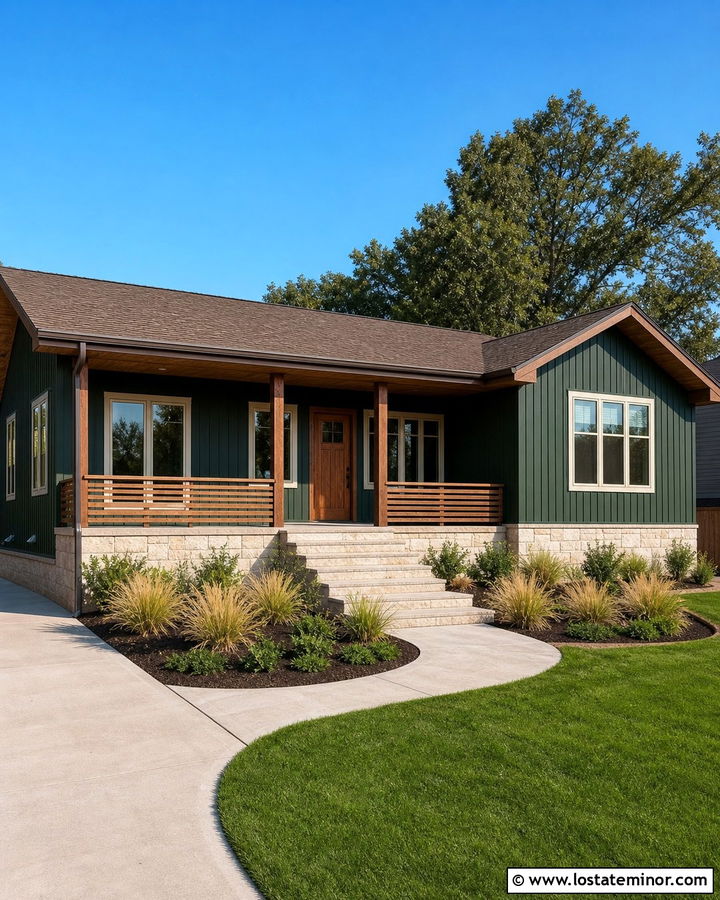 Forest Green Ranch House With Low Wood Railings - 30 Forest Green House Design With Railings Ideas
