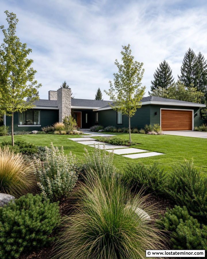 Forest Green Ranch House With Ornamental Grasses - 30 Forest Green House Design With Landscaping Ideas