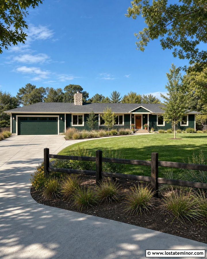 Forest Green Ranch House With Post And Rail Fence - 30 Forest Green House Design With Fence Ideas