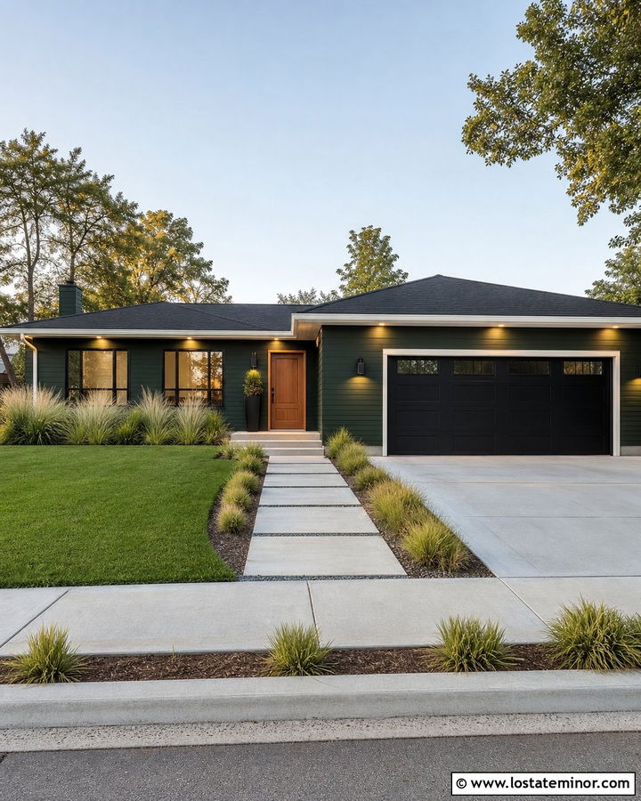 Forest Green Ranch House With Recessed Soffit Lighting - 30 Forest Green House Design With Lighting Ideas