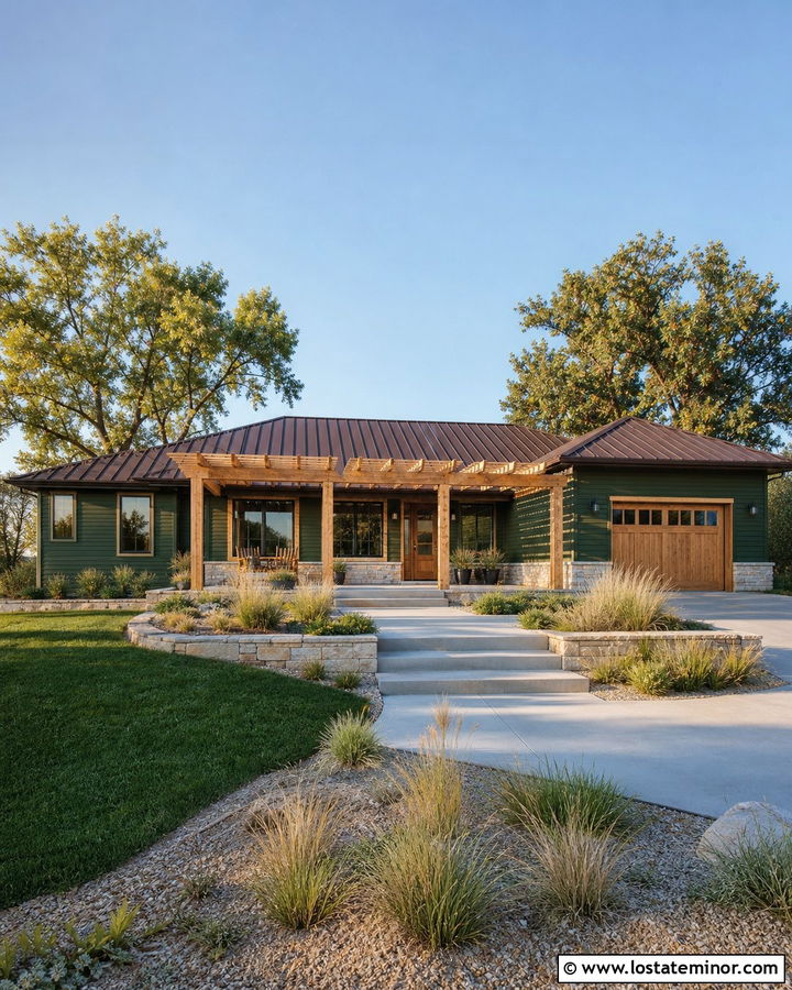 Forest Green Ranch House With Wood Pergola - 30 Forest Green House Design With Pergola Ideas