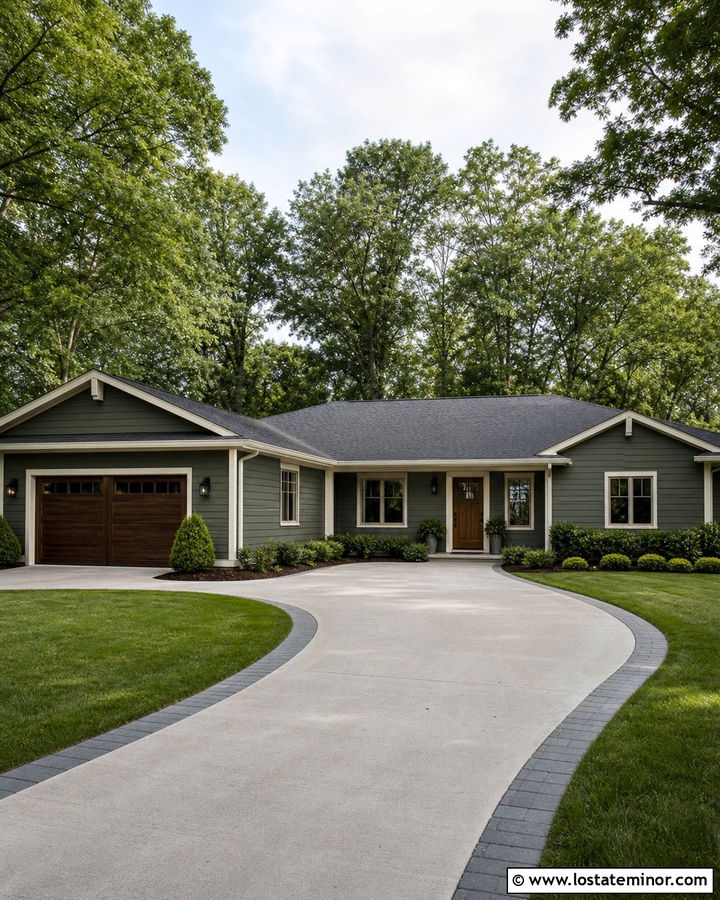 Forest Green Ranch With Curved Concrete Driveway - 30 Forest Green House Design With Driveway Ideas