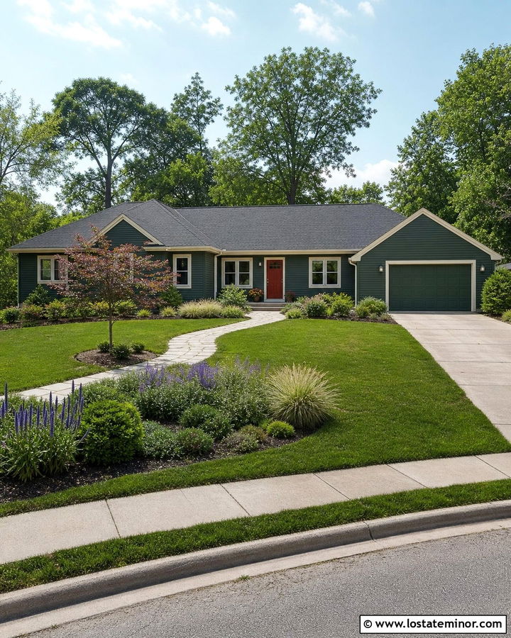 Forest Green Ranch With Curved Walkway - 30 Forest Green House Design With Front Yard Ideas