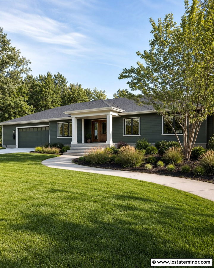 Forest Green Ranch With Hip Roof Portico - 30 Forest Green House Design With Portico Ideas