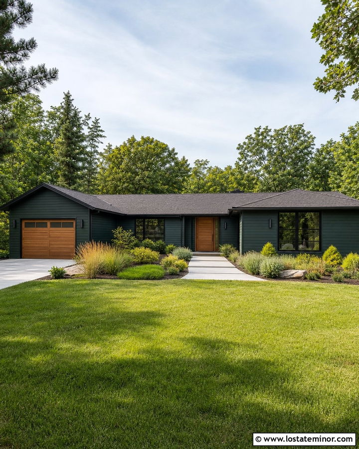 Forest Green Ranch With Modern Cylinder Lights - 30 Forest Green House Design With Light Fixtures Ideas
