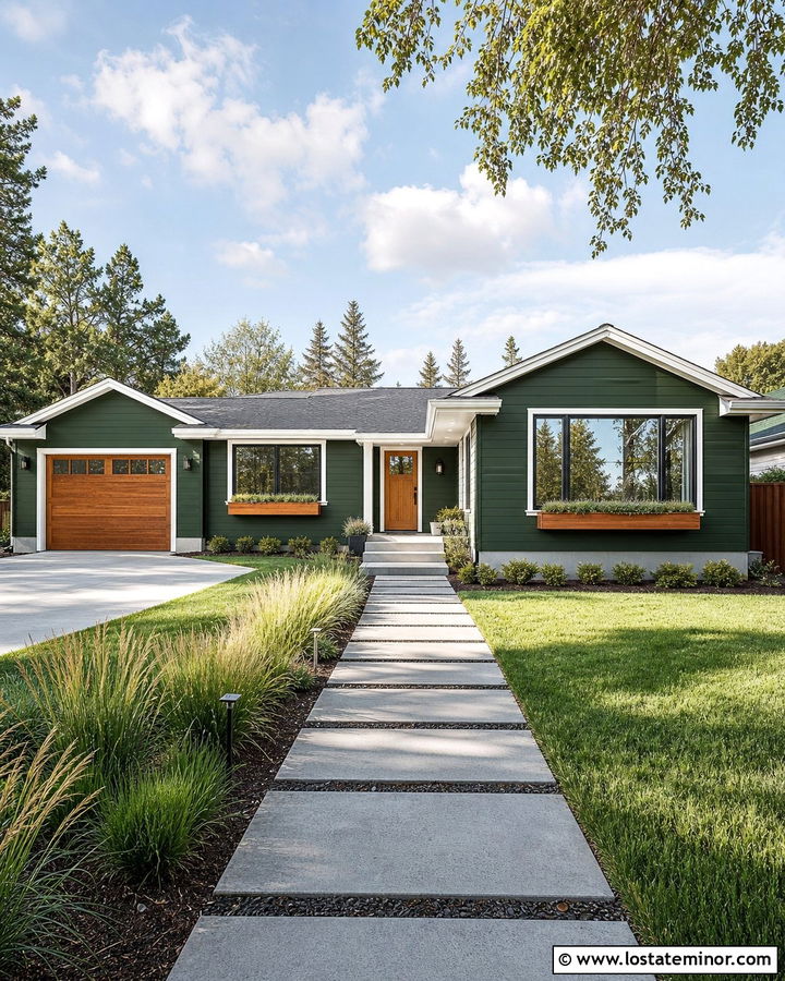 Forest Green Ranch With Natural Wood Window Boxes - 30 Forest Green House Design With Window Boxes Ideas