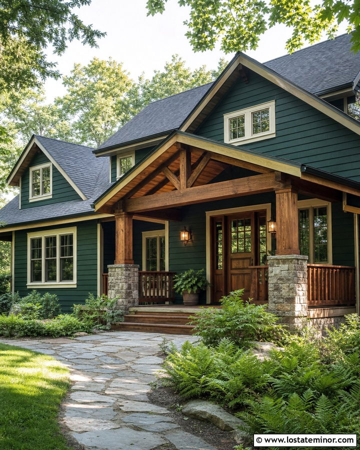 Forest Green Rustic House With Exposed Wood Rafters - 30 Forest Green House Design With Porch Ceiling Ideas