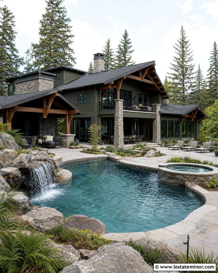 Forest Green Rustic Modern House With Boulder Pool - 30 Forest Green House Design With Swimming Pool Ideas