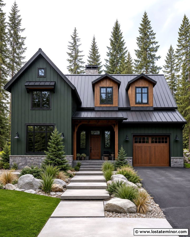 Forest Green Rustic Modern House With Wood Dormers - 30 Forest Green House Design With Dormers Ideas