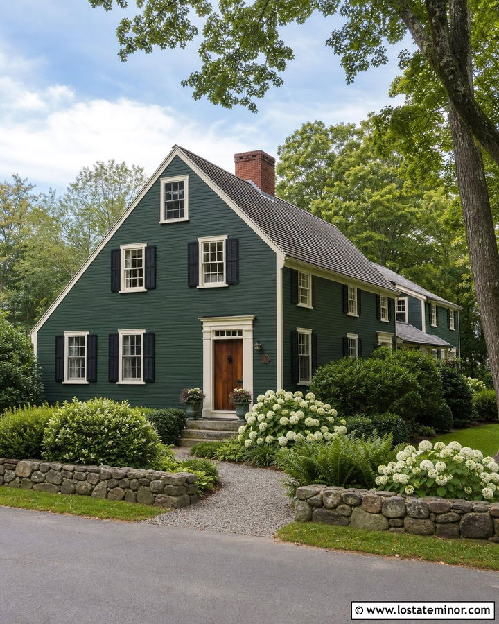 Forest Green Saltbox With Stone Walls - 30 Forest Green House Design With Front Yard Ideas