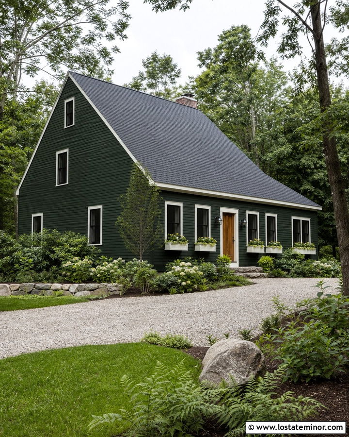 Forest Green Saltbox With Warm White Window Boxes - 30 Forest Green House Design With Window Boxes Ideas