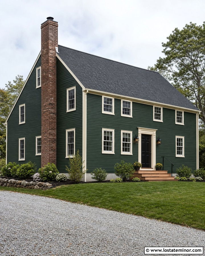 Forest Green Saltbox With Weathered Brick Chimney - 30 Forest Green House Design With Chimney Ideas
