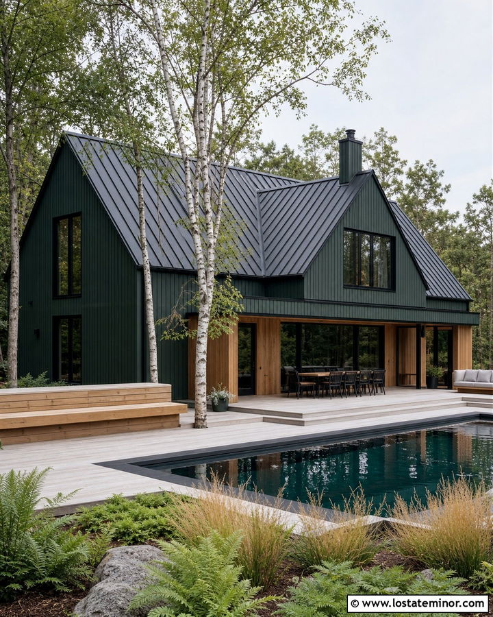 Forest Green Scandinavian House With Black Pool Trim - 30 Forest Green House Design With Swimming Pool Ideas