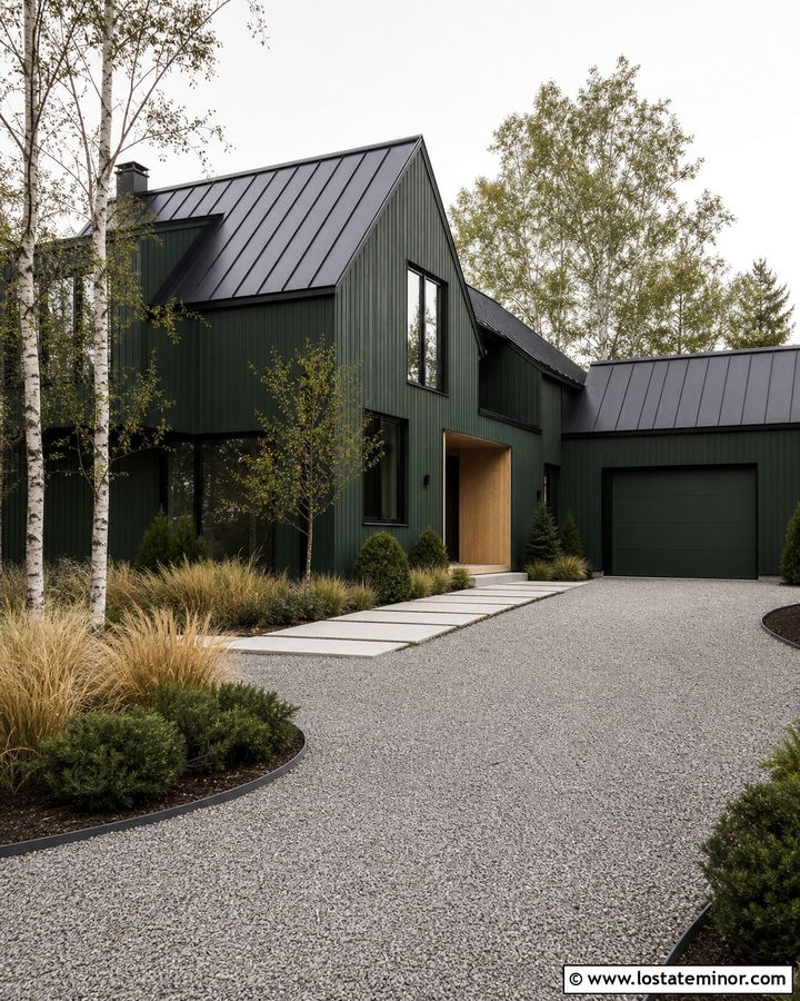 Forest Green Scandinavian House With Pale Gravel Driveway - 30 Forest Green House Design With Driveway Ideas