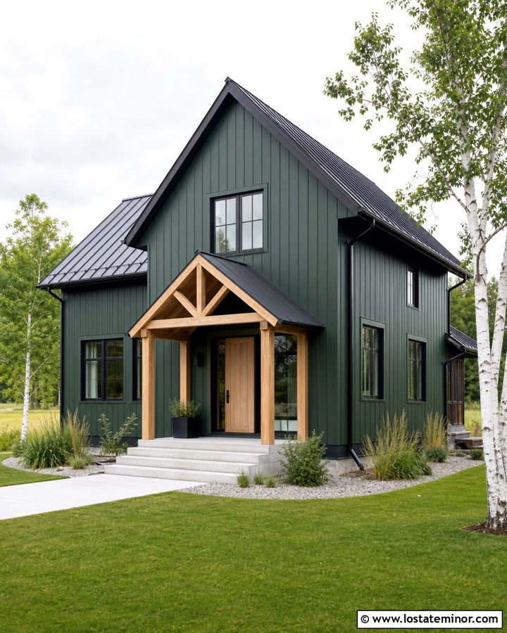 Forest Green Scandinavian House With Simple Portico - 30 Forest Green House Design With Portico Ideas