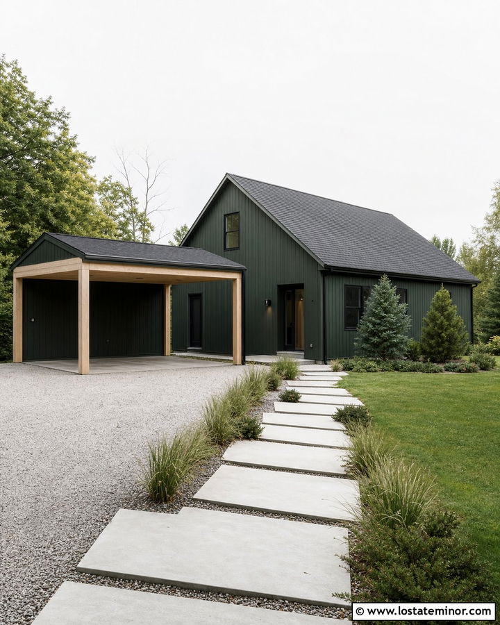 Forest Green Scandinavian House With Wood Carport - 30 Forest Green House Design With Carport Ideas