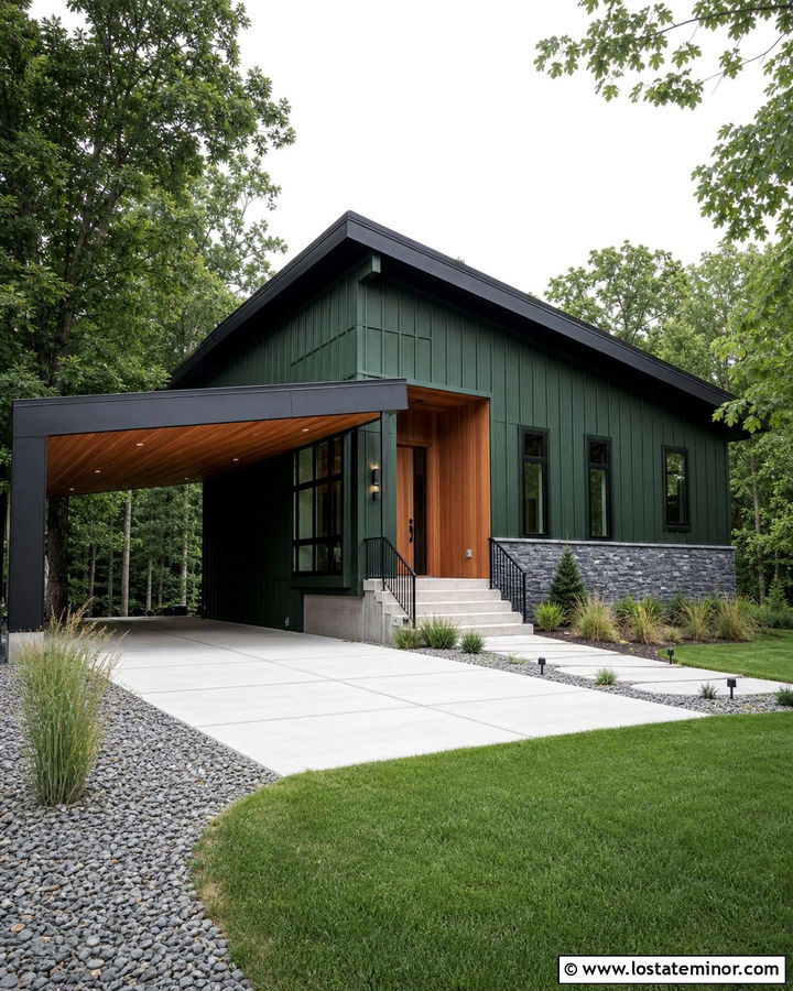 Forest Green Shed Roof House With Cantilevered Carport - 30 Forest Green House Design With Carport Ideas