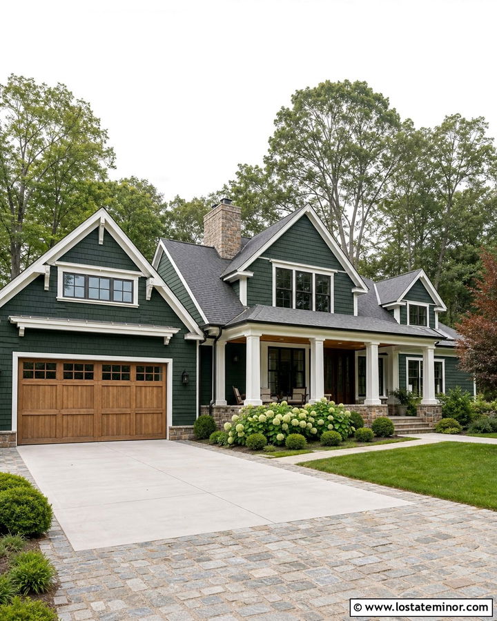Forest Green Shingle House With Cobblestone Apron - 30 Forest Green House Design With Driveway Ideas