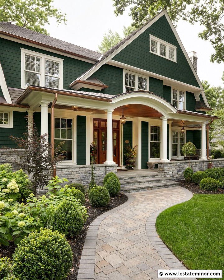 Forest Green Shingle House With Copper Toned Porch Ceiling - 30 Forest Green House Design With Porch Ceiling Ideas
