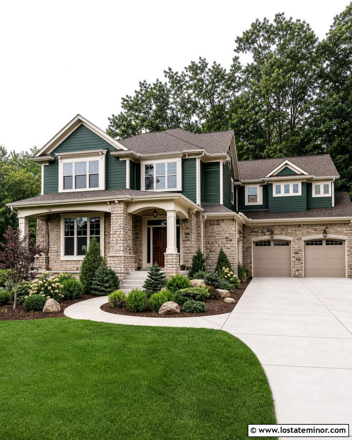 Forest Green Siding With Beige Stone - 30 Forest Green House Design With Siding Ideas
