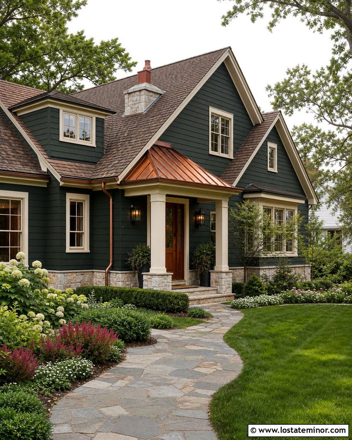 Forest Green Siding With Copper Accents - 30 Forest Green House Design With Siding Ideas