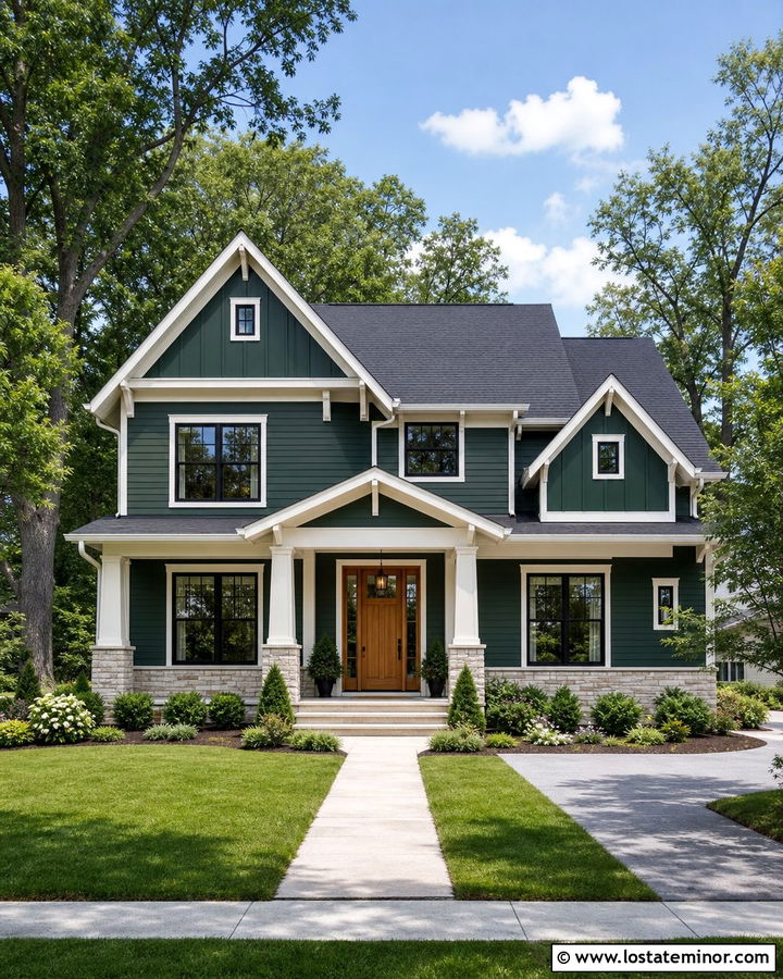 Forest Green Siding With Mixed Siding Textures - 30 Forest Green House Design With Siding Ideas